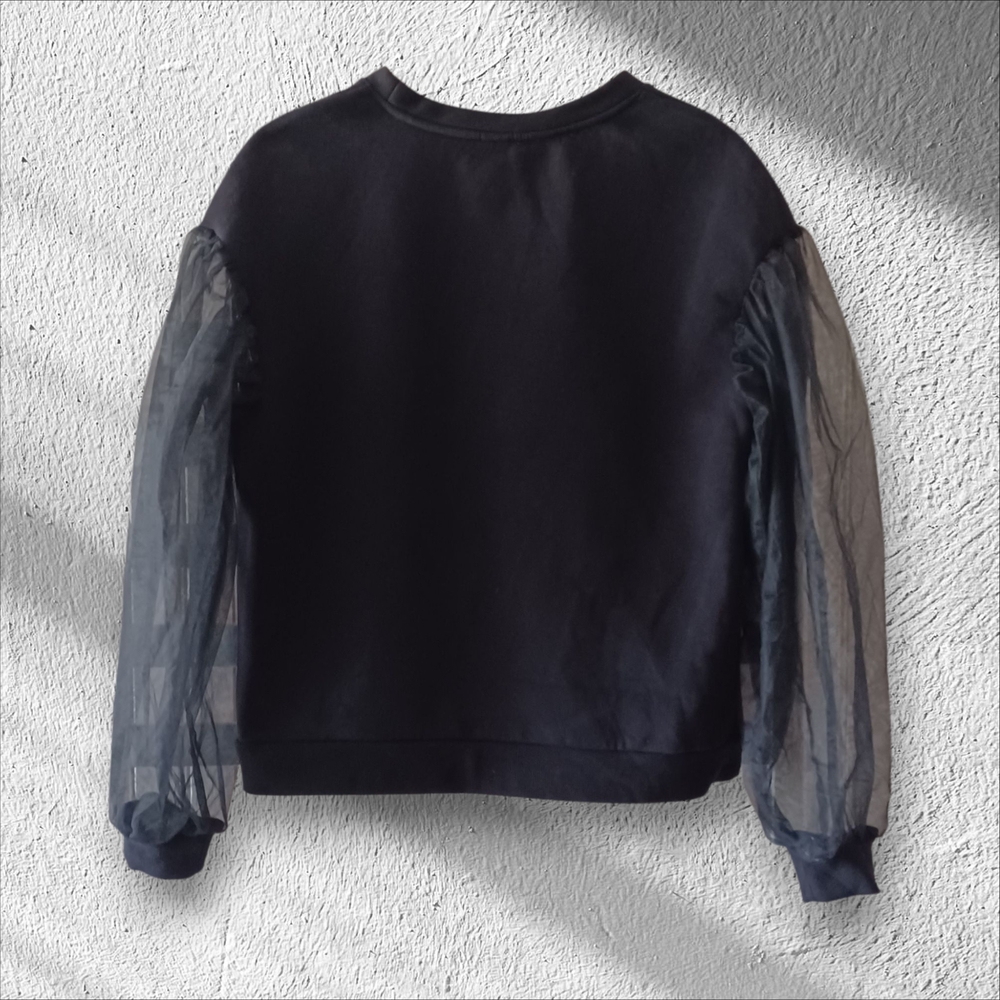 Womens Black Sweatshirt With Puff Tulle Sleeves Size Medium.